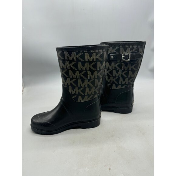Michael Kors Women's Gold Logo Tall Rain Boots Wellies Black Buckle Boot Size 6 - Picture 2 of 10